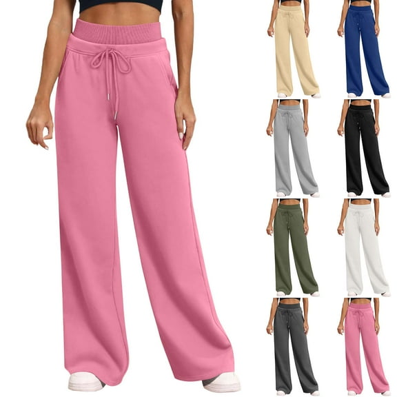 Wide Leg Sweatpants Women Plus Size Womens Solid Color Double Waist Loose Wide Leg Pants With Pockets Blue S