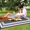 thumbnail image 2 of Hasoo 10' x 14' Gray/White Outdoor Rug for Patio Decor Waterproof Plastic Straw Modern Geometric Carpet PP Tube Woven Portable Camping Mat for Picnic Balcony, 2 of 5