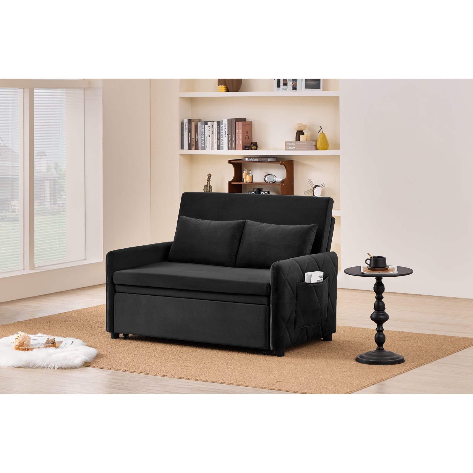 Leumius 3 in 1 Convertible Sleeper Sofa Bed, Modern Convertible Sofa Bed with 5-Position Adjustable Backrest,Velvet Pull Out Couch with Pull Out Bed for Living Room Furniture,Black