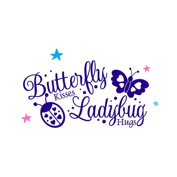 HUGS & KISSES - Adhesive Kids Bedroom Butterfly & Lady Bug Insects Decoration Kisses & Hugs Lettering Art Design Removable Vinyl Home Wall Decal Sticker 20" x 12"