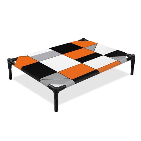 Orange Gray Elevated Dog Bed Black Geometric Abstract Color Block Plaid Cooling Breathable Outdoor Raised Dog Cot Bed with Metal Frame Non-Slip Feet for Medium Dog 24x20in