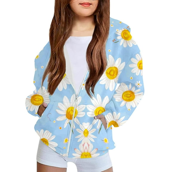 fnnxnal Big Girls 7T Blue Daisy Print Hooded Jacket - 100% Polyester, Full-Zip with Pockets, Lightweight for Spring/Fall, Machine Washable