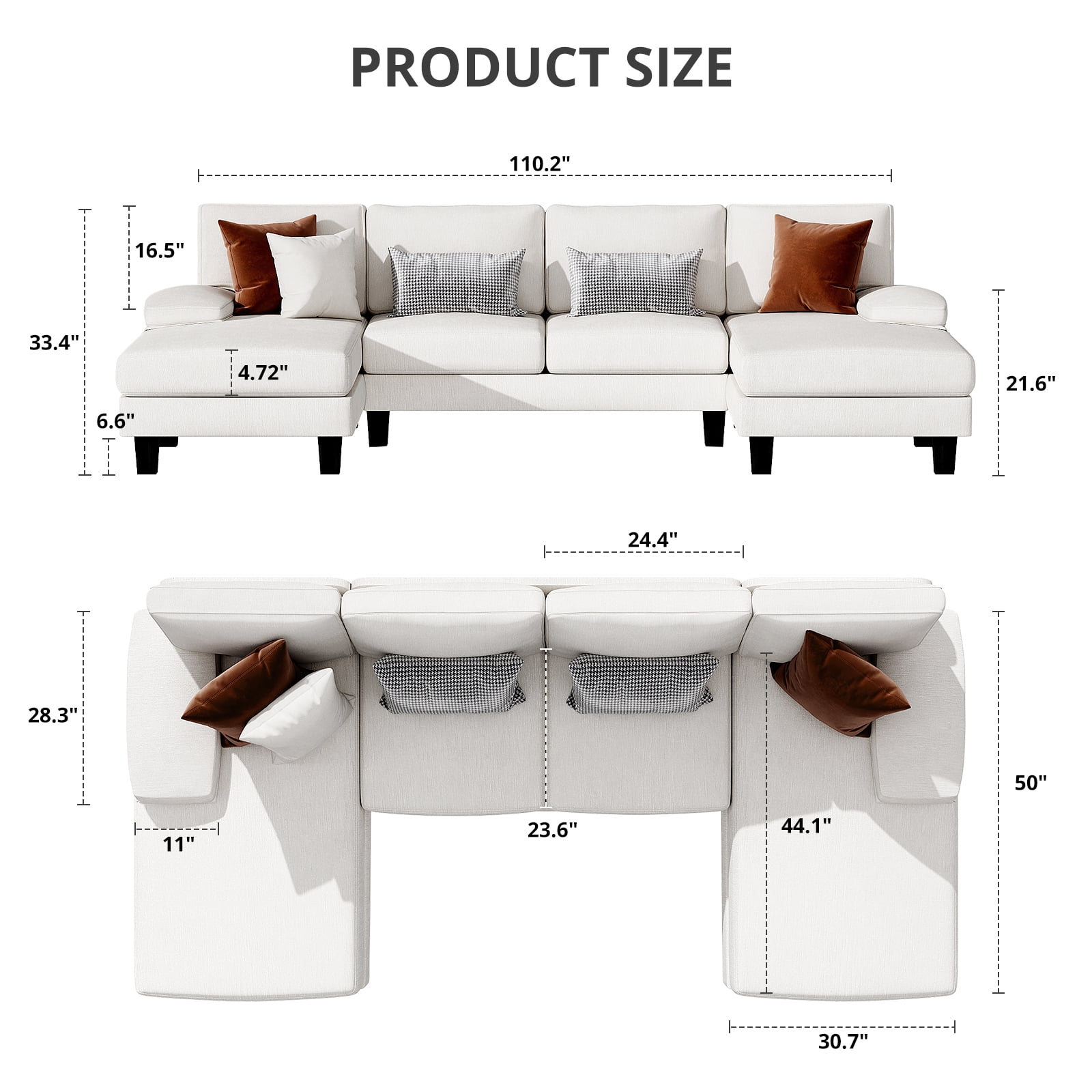 Furmax U-Shaped Sectional Sofa with Chaise, 4 Seats Chenille Fabric Sofa for Living room, White