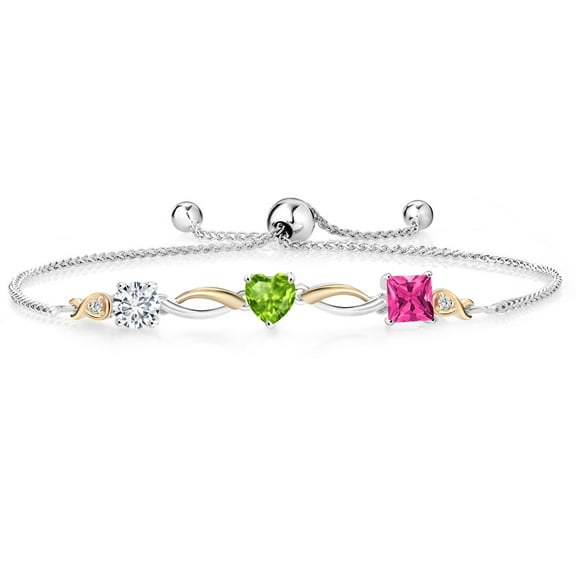 Gem Stone King 925 Silver and 10K Yellow Gold Green Peridot Pink Mystic Topaz and Lab Grown Diamond Tennis Bracelet for Women By Keren Hanan (2.07 cttw, Adjustable up To 9 inch)