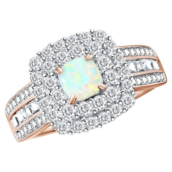 AFFY Simulated White Opal and White Sapphire Double Halo Ring In 14k Rose Gold Over Sterling Silver Ring Size-7.5