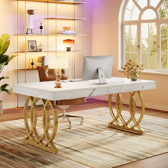 Finmind 63-Inch Executive Desk, Modern Office Computer Desk with Stylish Gold Legs, Rectangular Workstation for Home Office, Small Conference Table for Meeting Room ,White&Gold