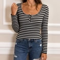 thumbnail image 2 of COMVALUE Women's Striped Henley Shirts Scoop Neck Button Front Long Sleeve Tee Fitted Tops (Black, M), 2 of 5