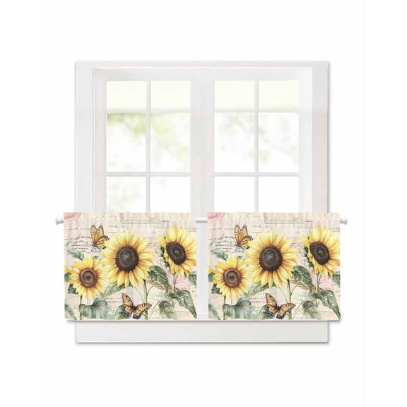 American Pastoral Style Short Blackout Curtains 36 Inch Long Sunflower Flower Farm Rod Pocket Kitchen Curtains, 2 Panels Thermal Insulated Room Darkening Drapes for Bedroom, 42"W x 36"L