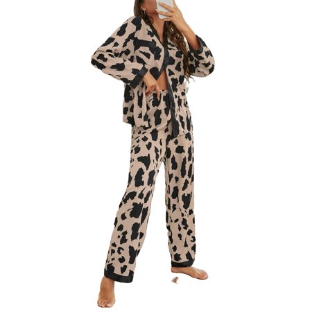 

2pcs Set Casual All Over Print V neck PJ Pant Sets Long Sleeve Women s Pajama Sets (Women s)