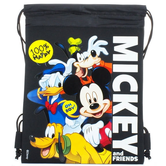 Mickey Mouse And Friends " 100% Happy " Character Licensed Black Drawstring Bag