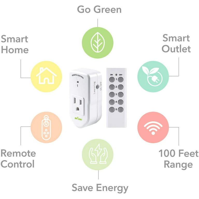 BN-LINK Wireless Remote Control Outlet with Extra Long Range, for Household  Appliances, White (2 Remotes + 5 Outlets)