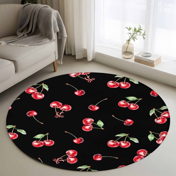 Cherry Rustic Round Rug 3ft Washable Circle Entryway Rugs Non Slip Spring Summer Tropic Fruit Black Area Rug Indoor Floor Carpet for Bedroom Kitchen Living Room Home Office Dining Room Nursery