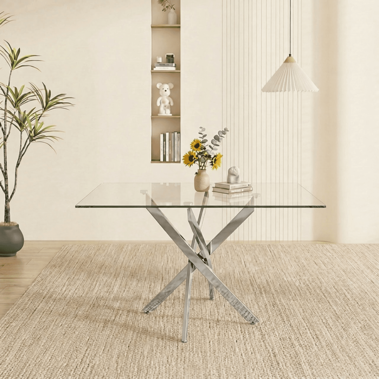 Garitin Dining Table and Rectangular Glass Top Kitchen Table 47.24 Inch, Modern Center Table with Silver Metal Legs for Dining Room, Silver