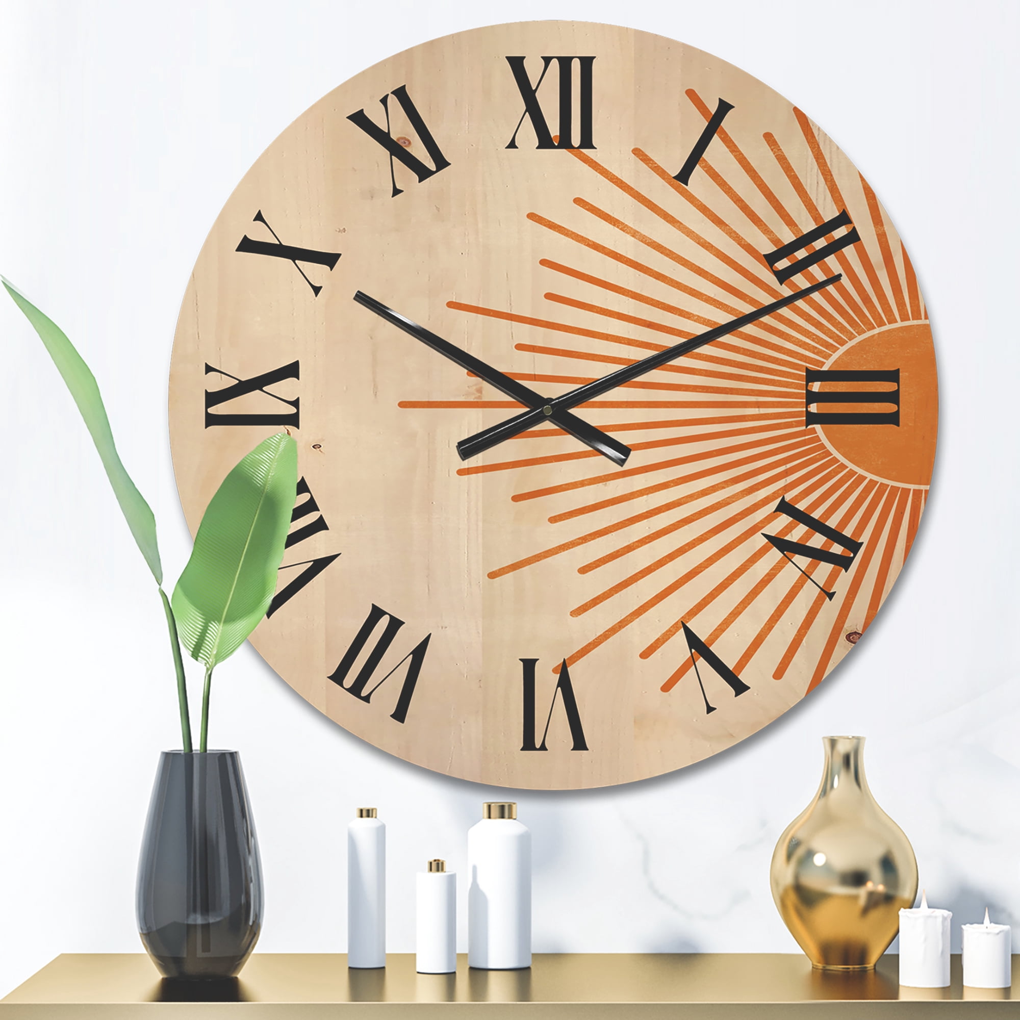 Designart 'Orange Sun Print On Beige I' Modern Wood Wall Clock