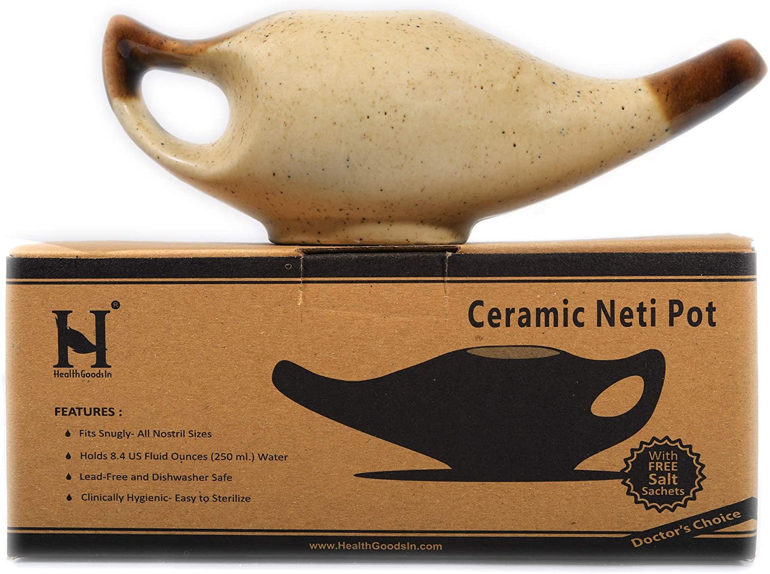 Ceramic Neti Pot Cream Color, Comfortable Spout for Nasal Allergies with 10 Sachets Salt