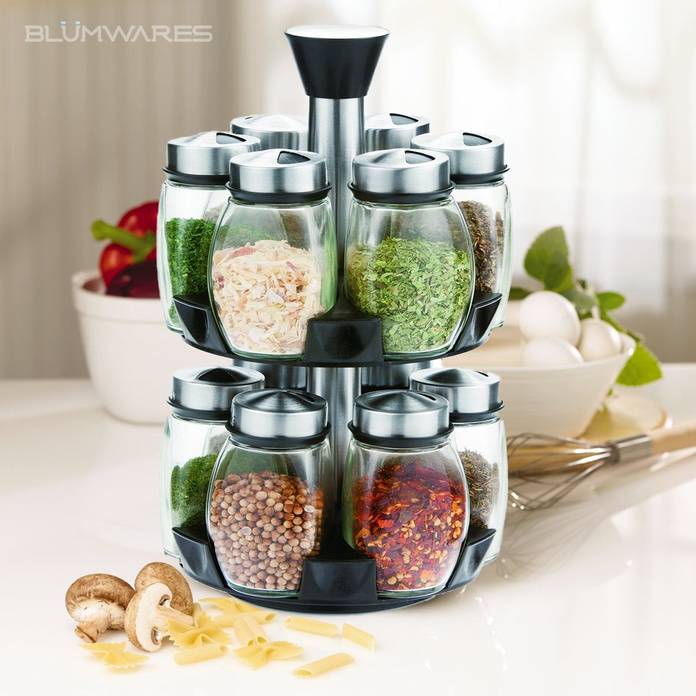 Spice Rack Stand with 12 Clear Glass Bottles Sleek and Kitchen Organizer 