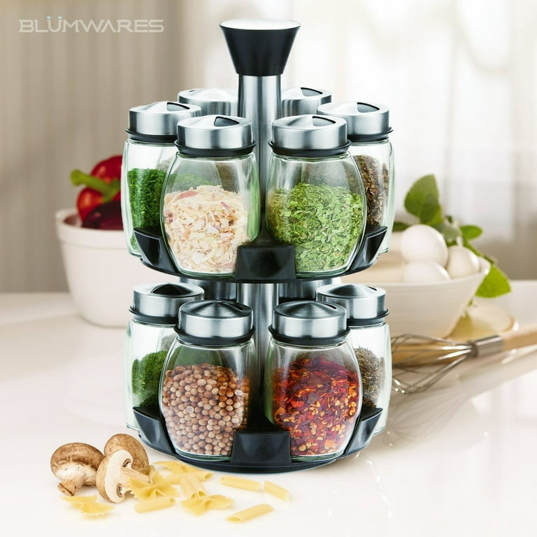Belwares Spice Jar Rack, 12 Durable Glass Jars in Sleek & Attractive  Carousel 