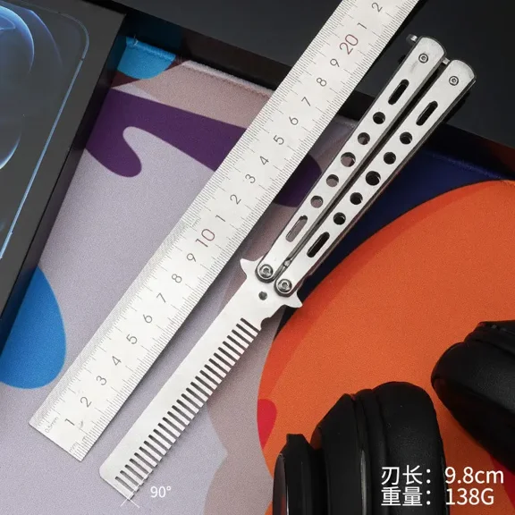 PanBiqintyy Foldable Comb Stainless Steel Practice Training Butterfly Knife Comb Beard Moustache Brushe Salon Hairdressing Styling Tool
