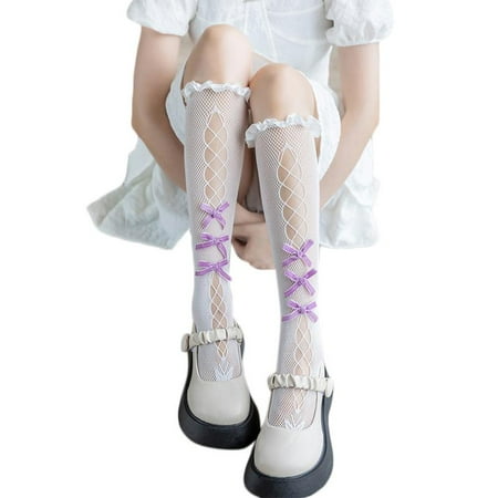 

Women Gothic Punk Lolita Fishnet Mesh Knee High Socks Japanese Style Sweet Ruffle Trim Hollow Out Strappy Velvet Bowknot Cosplay Calf Stockings
