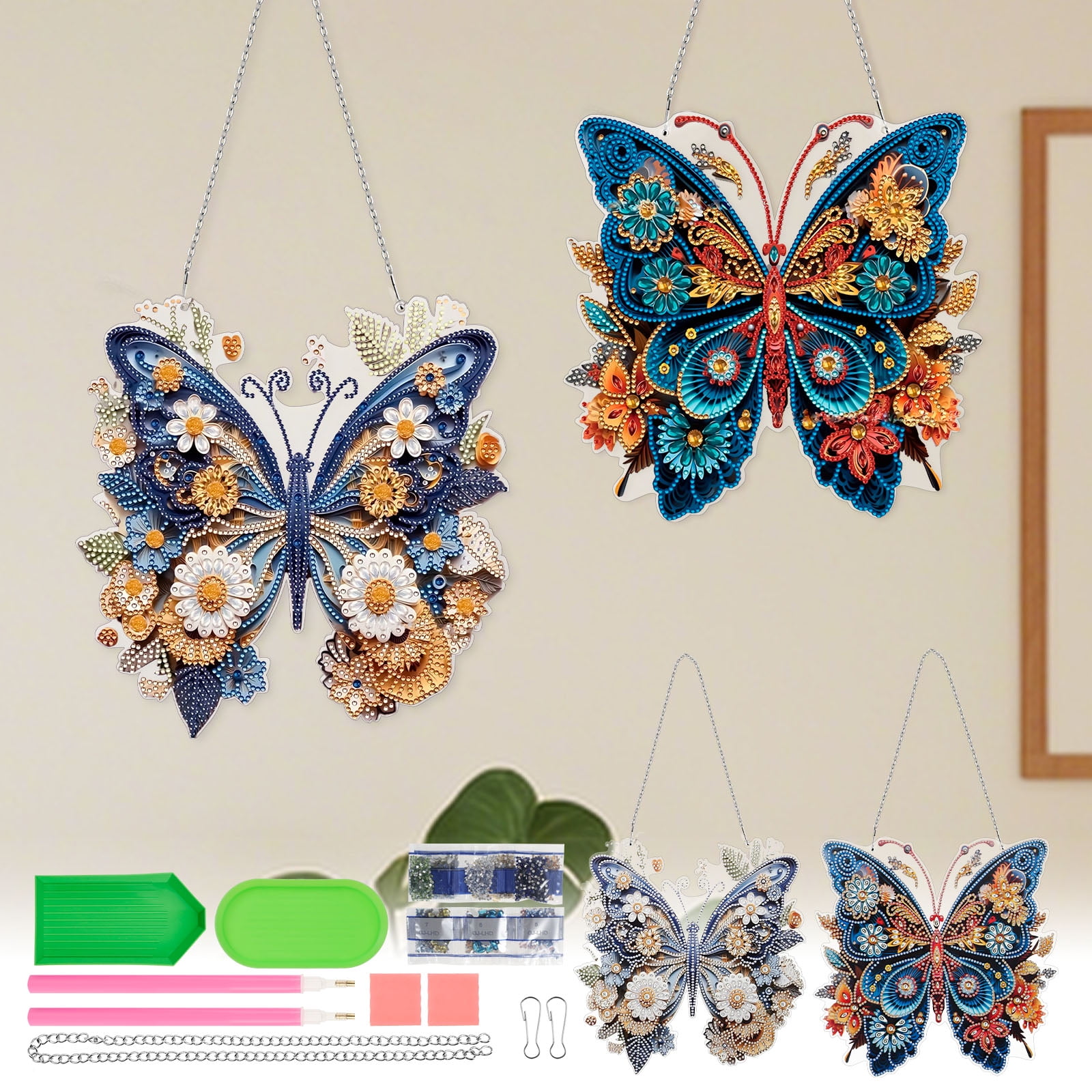 2 PACK DIY Hanging Diamond Art Pendant Painting Kit Butterfly, Special Crystal Gem Craft Painting Kit Ornament, Box Package,9.5x9.8inch