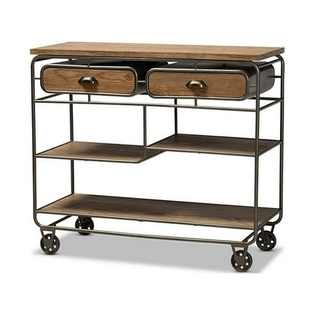 Grant Vintage Rustic Industrial Oak Brown Finished Wood and Metal 2-Drawer Kitchen Cart