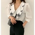 thumbnail image 2 of Camisa de mujer Verano Bordado Solapa Manga abullonada Blusa Retro Top, Blanco, L Sweethay AP001497-02B, 2 of 7