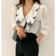 thumbnail image 2 of Camisa de mujer Verano Bordado Solapa Manga de soplo Blusa Retro Top, Blanco, 3XL Vogacara AP001497-05B, 2 of 7