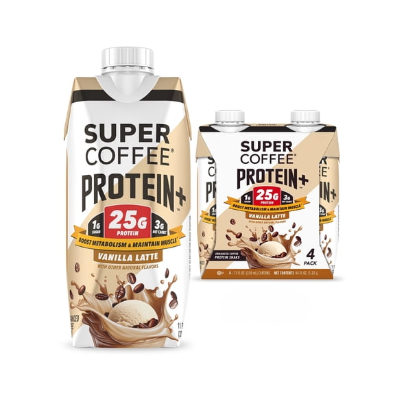 Super Coffee Protein  Vanilla Iced Coffee Drink, 11 fl oz, 4 Pack, 25g Protein Liquid