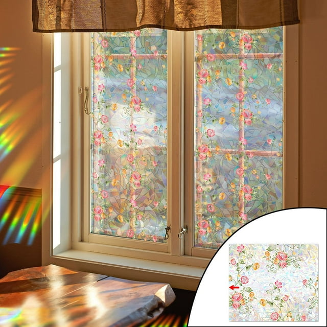 Window Film Decorative Window Privacy Film Removable Flower Stained Double Glass Windows Clings Stickers For Home Living Room Window Door Decoration Photography Back Drops Pack Backpack Stickers