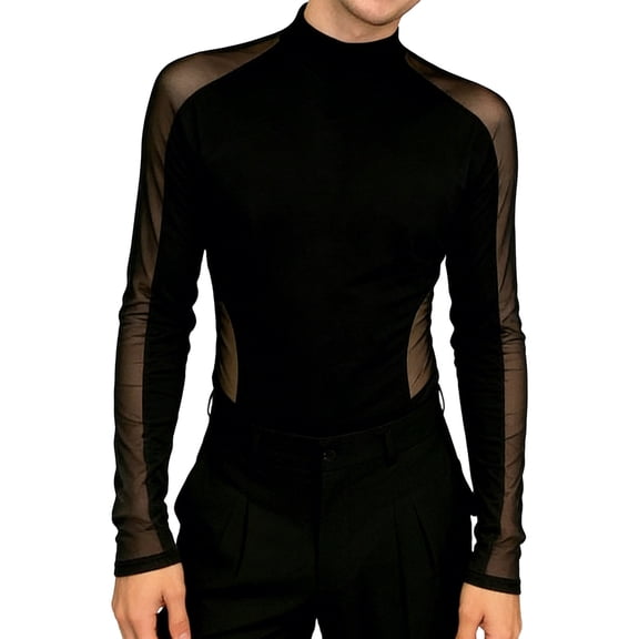 XAOFW Long Sleeve Mesh T Shirts For Man See Through Stretch Slim Fit Tees Layering T-Shirt Comfortable Tops L
