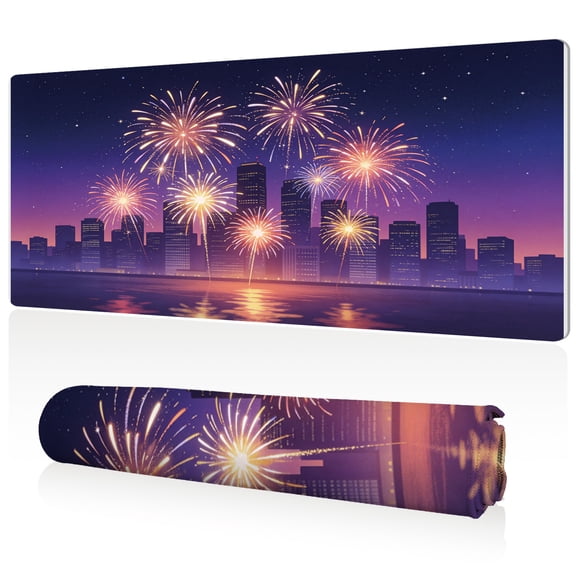 LIVEKEY Extra Large Mouse Pad City Fireworks Night Sky Design 80x40x0.3cm Full Desk Coverage Non Slip Surface Durable Easy Clean Stitched Edges for Gaming and Office