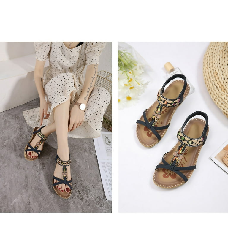 Anuirheih Sandals for Women Summer Flats, Comfortable Elastic Ankle Strap  Dress Flats Shoes Casual Slip on Open Toe Boho Beach Sandal(Blue)