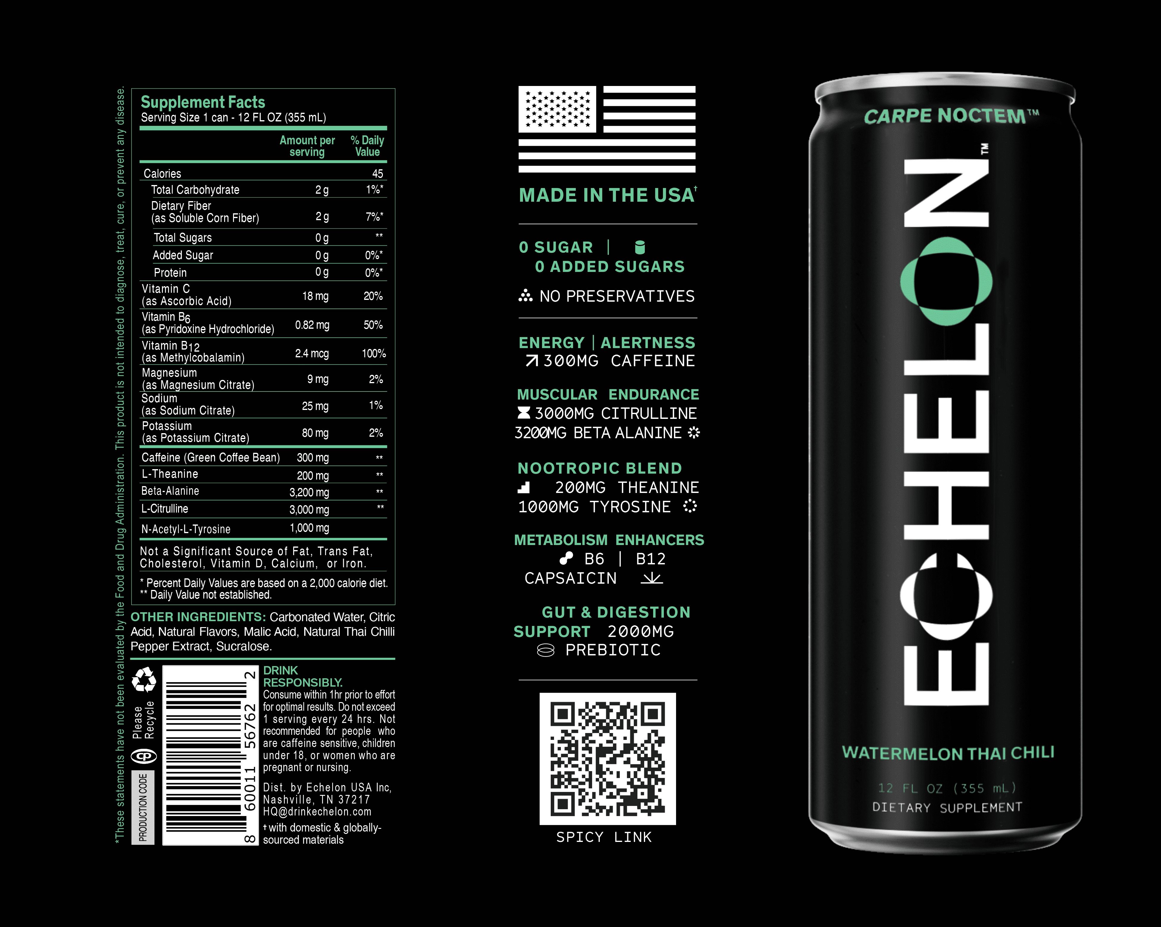 Echelon Energy Drink - 12-Pack Watermelon Thai Chili Flavor - Pre-Workout with 300mg Caffeine, L-Theanine, Beta-Alanine - Military Developed