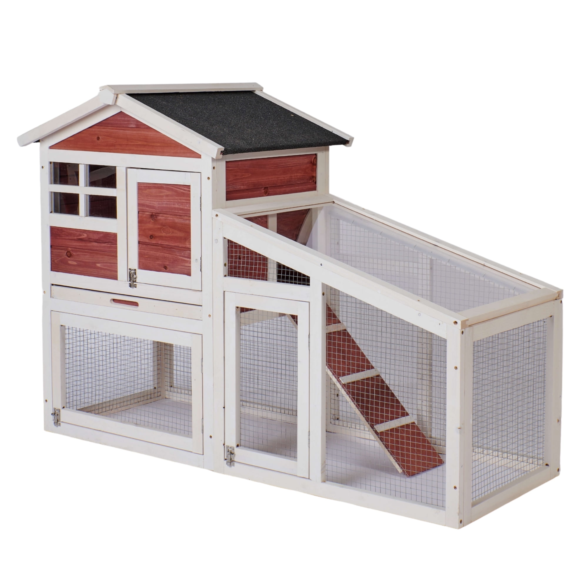 Kadyn Rabbit Hutch Outdoor, Wooden Chicken Coop, Bunny Cage Hen House with Run, Ventilation Door, Removable Tray, Ramp, Sunlight Panel, Backyard Garden Animals Pet Cage, Auburn