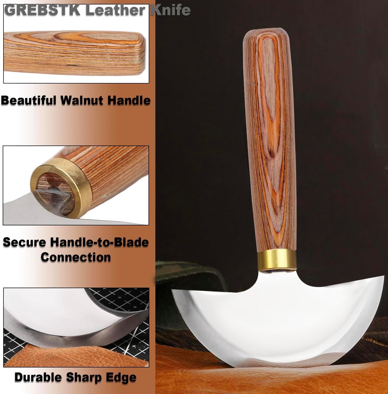 ABPETE Round Head Leather Knife - High Carbon Steel Half Moon Skiving & Cutting Tool for Leather Craft DIY, Belts - Walnut Handle (Professional/Beginner Tool)