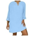 thumbnail image 2 of Jinhomg Cotton Linen Dress for Women Plus Size Comfy Long Sleeve V-Neck Midi Dresses Basic Solid Casual T Shirt Dress Vacation Beach Dress Light Blue XXXL, 2 of 5
