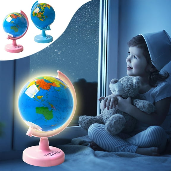 Interactive World Globe Toy | Illuminated Rotating Educational Geography Model | 3D Ornament Teaching Aid - Built-In LED Night Light | Removable Base | 9 Inch Plastic Blue - Home & Learning Decor