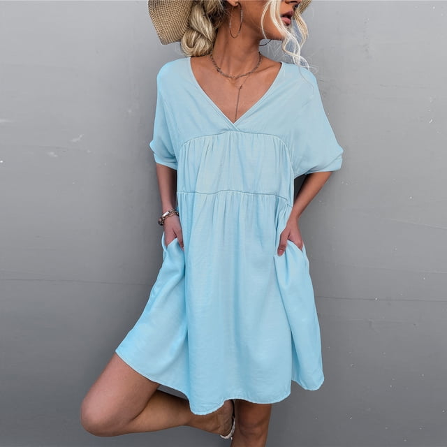 Gspmoly Robes d'Été pour Femmes, Mode Femmes Poches d'Été Col en V Robe Ample à Manches Courtes Robes de Cocktail pour Femmes en Liquidation