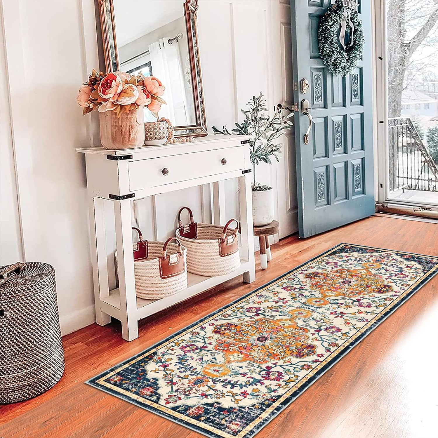 Findosom 2'x6' Vintage Runner Rug 0.4" Distressed Hallway Rug Non Slip Laundry Runner Rug Decor Rug Washable Runner Rug Kitchen Floor Mat Entryway Rug Runner for Laundry Kitchen Dark, Orange