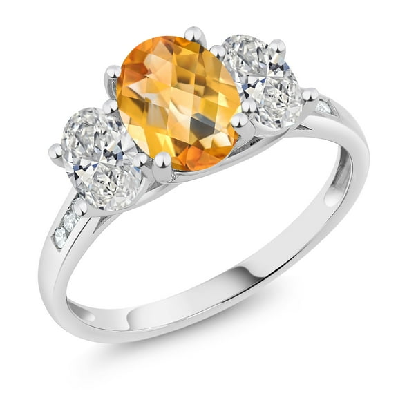 Gem Stone King 10K White Gold Yellow Citrine and Lab Grown Diamond Engagement Ring for Women | 2.25 Cttw | Oval Checkerboard 8X6MM | Gemstone November Birthstone | Size 5