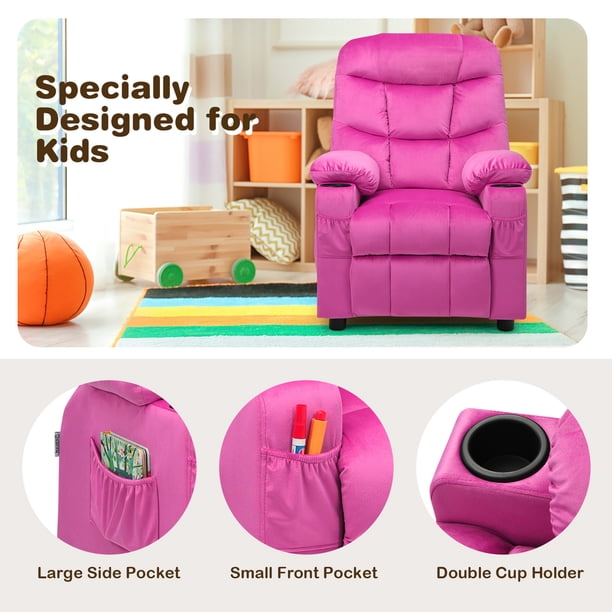 Gymax Kids Youth Pink Reclining Chair with Velvet Fabric, Cup