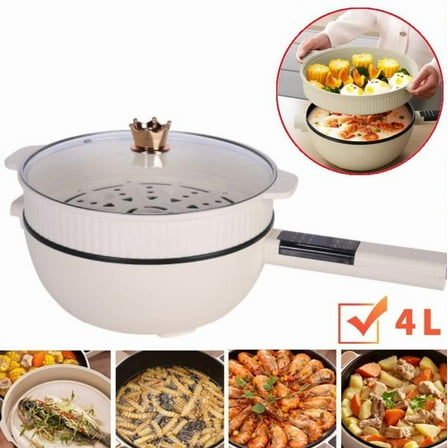4L Electric Hot Pot Frying Pan Electric Skillet 1500W Non-Stick Pans with Steamer