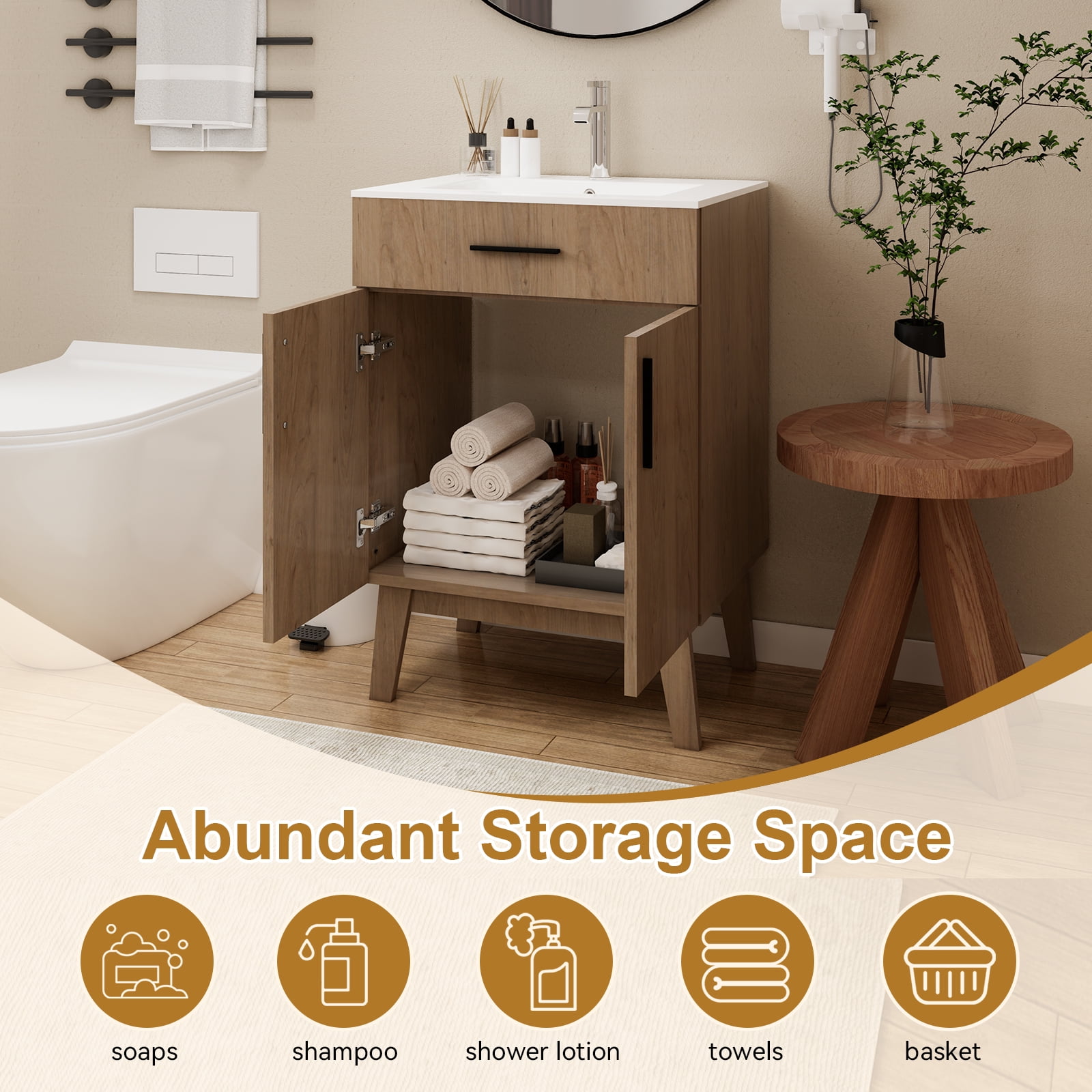 24" Bathroom Vanity with Sink, Vanity Combo with Two Soft Close Cabinet Doors, Modern Single Bathroom Cabinet Set with Metal Handles (Brown with Sink, 24)