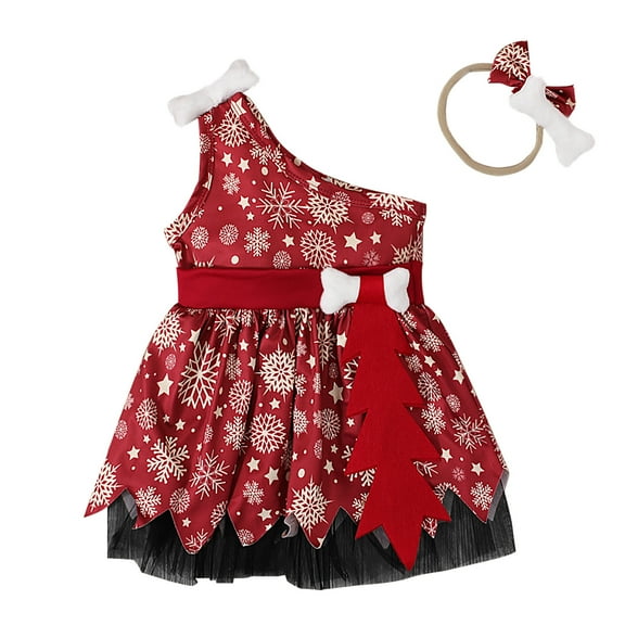 Odeerbi Infant Girls Christmas One Shoulder Dresses Cute Tulle Patchwork Irregular Hem Dress Kids Sleeveless Snowflake Print Dress with Headband Set Infant Girls Clothes