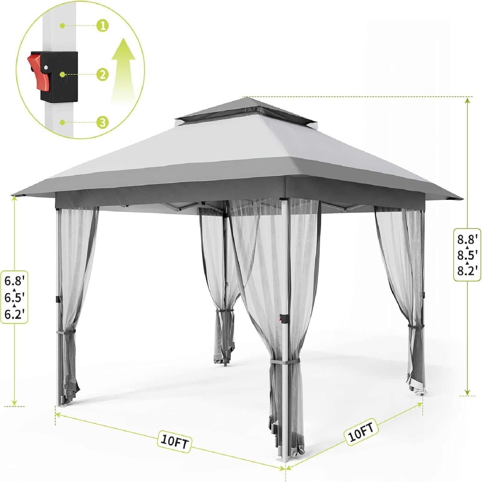 Pop Up 10'x10' Gazebo Outdoor Canopy Tent with Mosquito Netting, Pop Up Canopy Tent with Curtains/Adjustable Height/Wheeled Carry Bag for Patio Garden Backyard Lawn