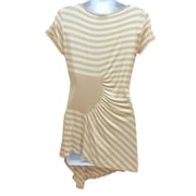 ECI Tan Ruched Striped Asymmetrical Hem Top Blouse Shirt Womens Small