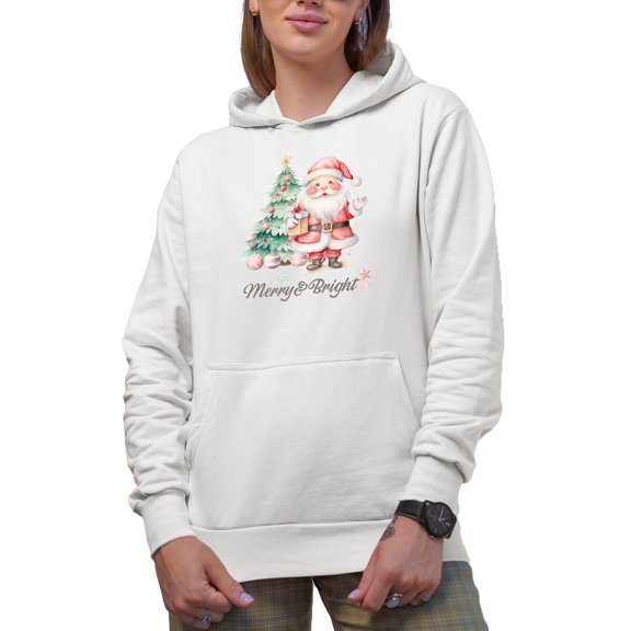 Merry & Bright with Cute Watercolor Art of a Christmas Tree & Santa Merch Gift, White Hooded Sweatshirt or Hoodie, Small