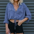 thumbnail image 2 of Oksale Cropped Denim Shirts for Women Trendy Drawstring Hem Jean Jacket with Pockets Button Down Shirt Casual Fashion Fall Jakcet Blue S, 2 of 5