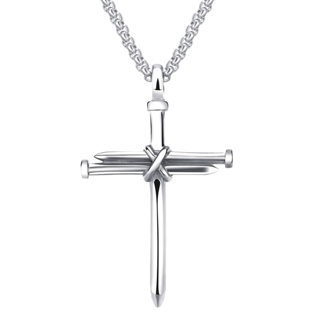 Men's Stainless Steel Nail Rope Cross Pendant Necklace Silver, Gold, or Black 