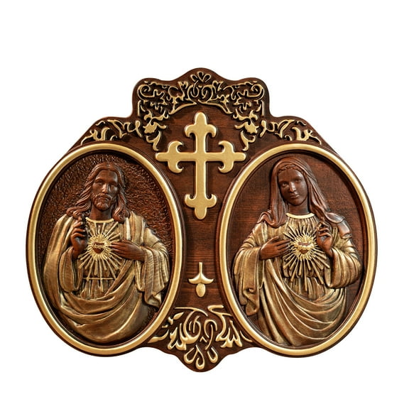 Sacred Heart of Jesus and Heart of Mary - Jesus Christ Wooden Mural Plaque Catholic Saint Statue - New Religious Christmas Gift for 2023